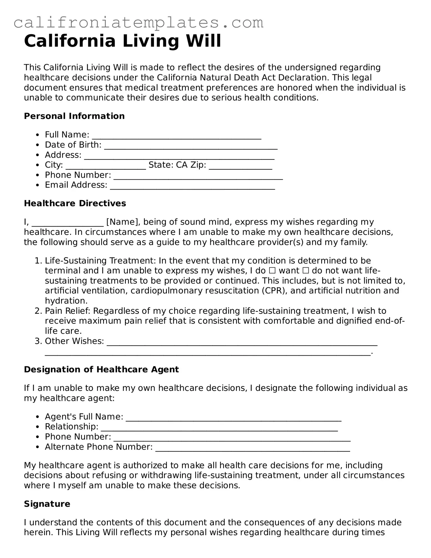 Free California Living Will PDF Form California Templates