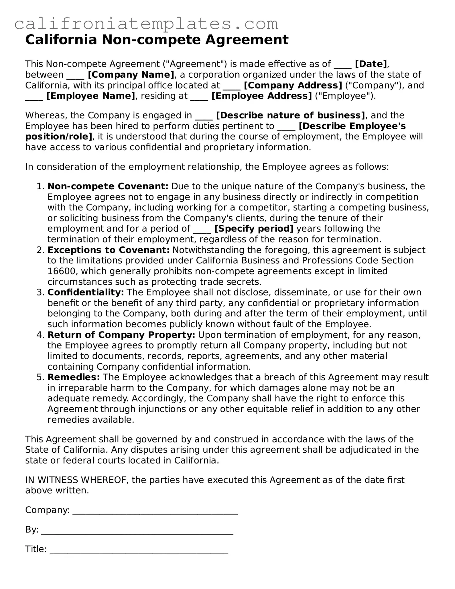 Fillable  Non-compete Agreement Template for California