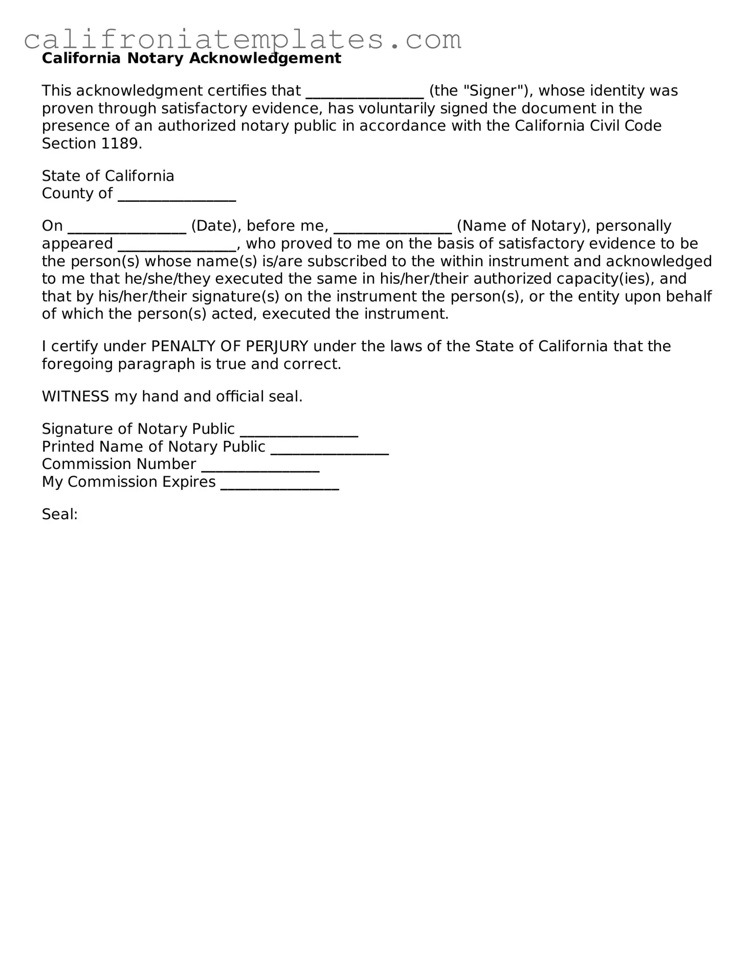 Fillable  Notary Acknowledgement Template for California