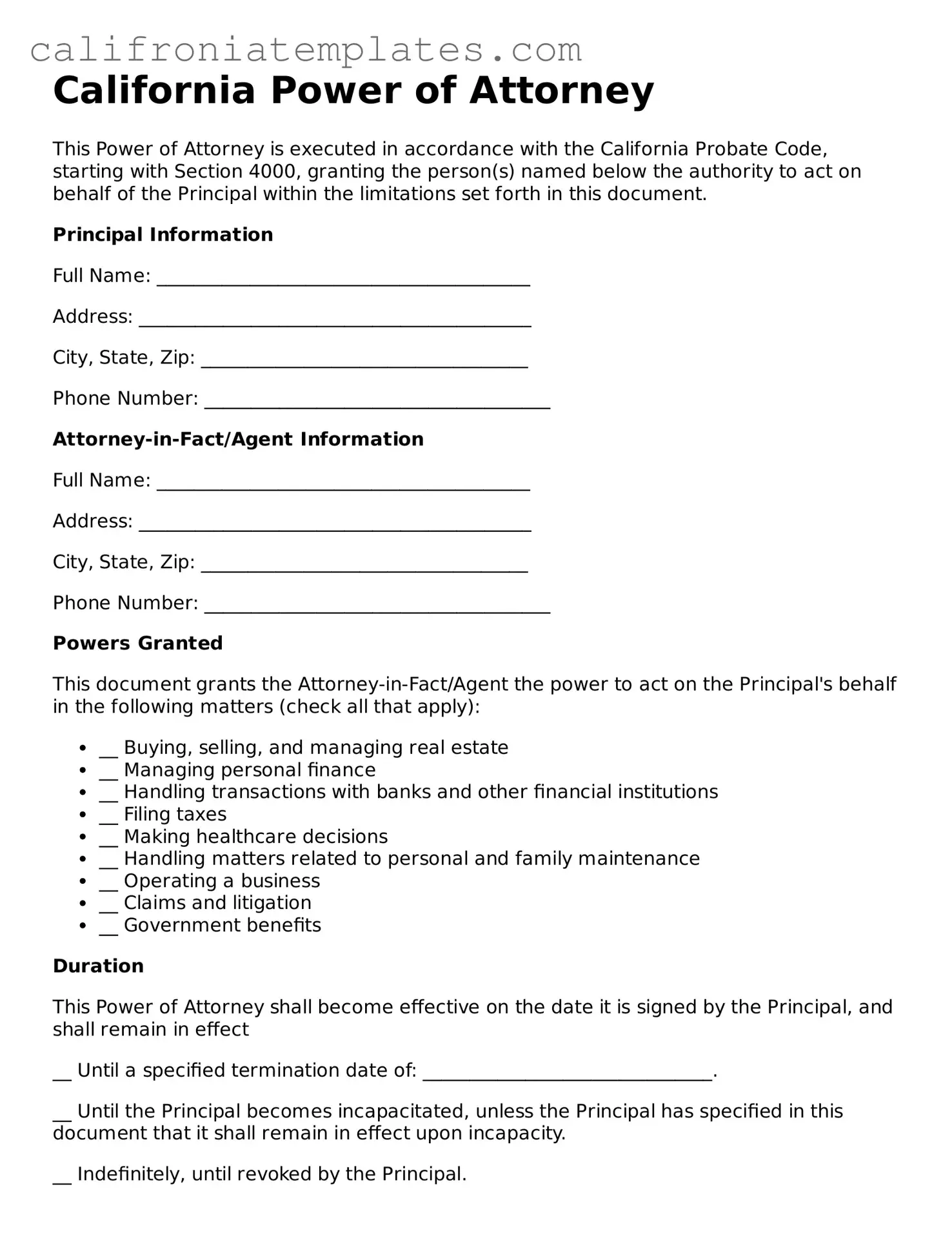 Fillable  Power of Attorney Template for California