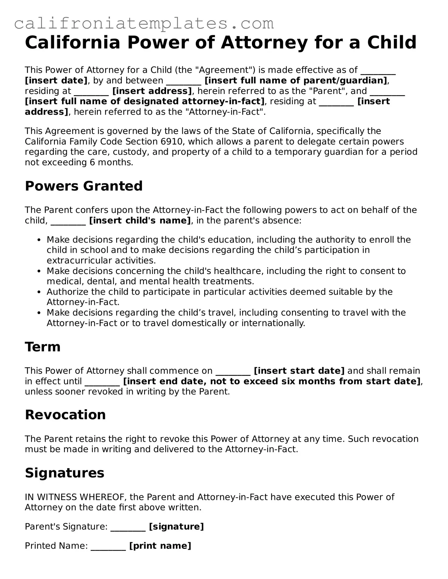 Fillable  Power of Attorney for a Child Template for California