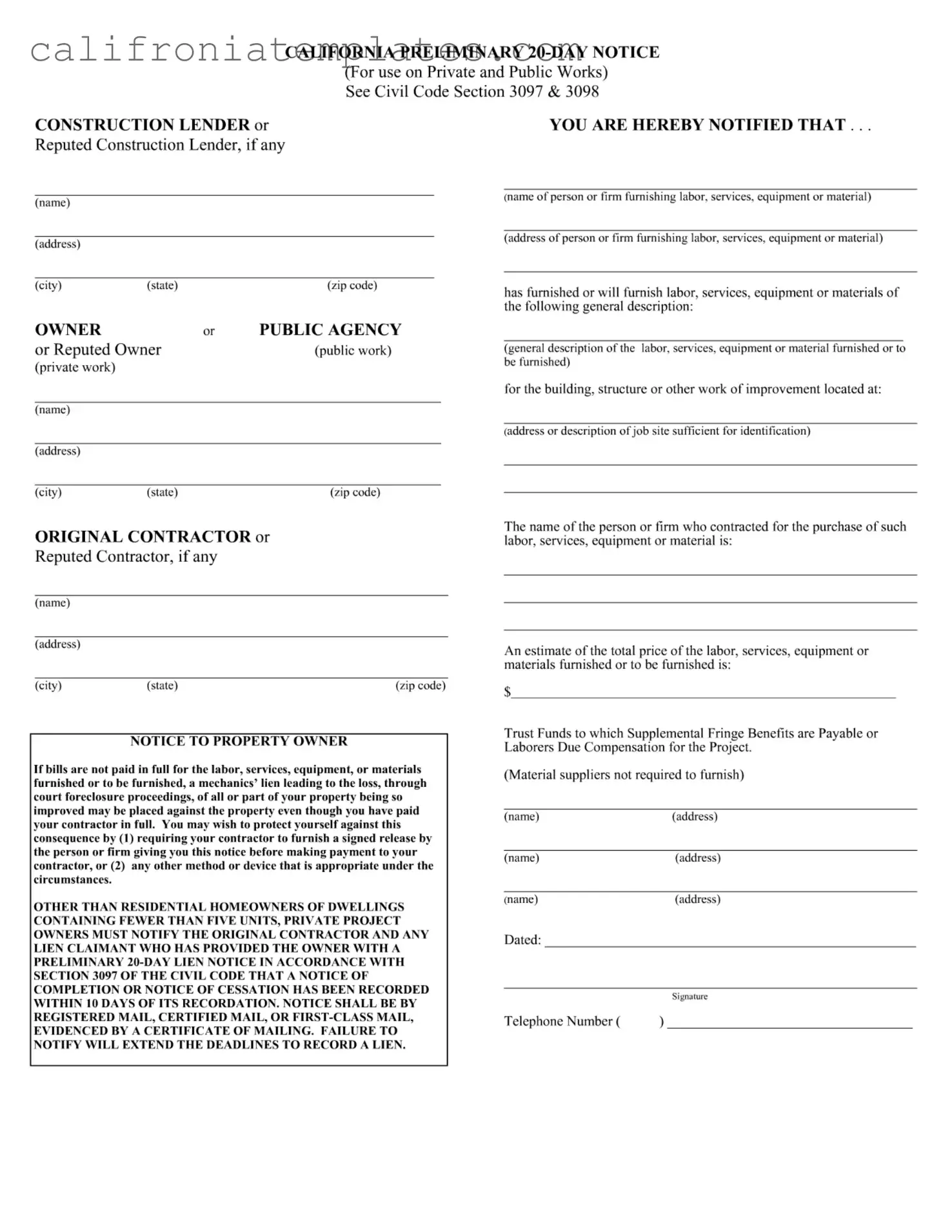 Fill Out a Valid California Preliminary 20 Day Notice Template