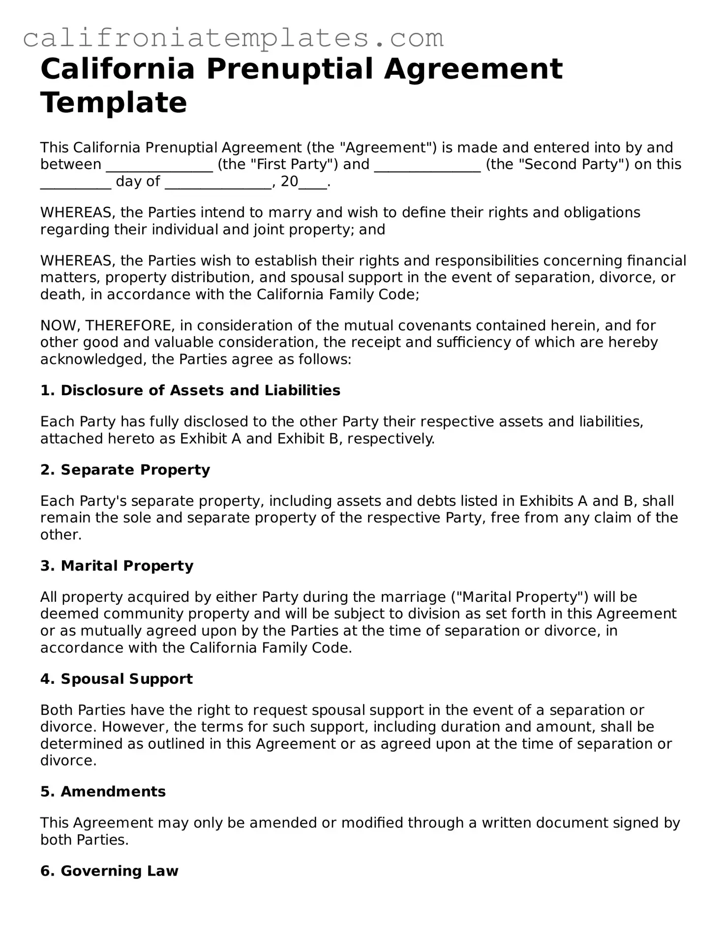 Fillable  Prenuptial Agreement Template for California