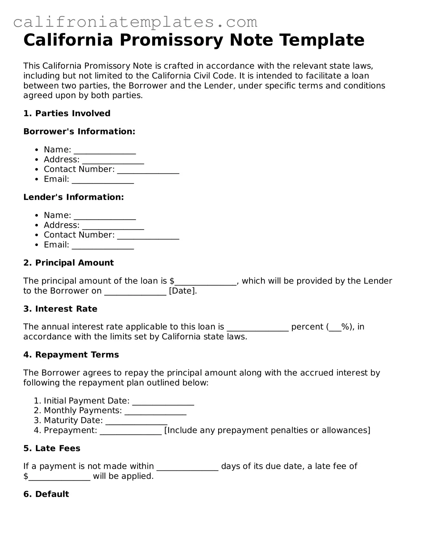 Fillable  Promissory Note Template for California