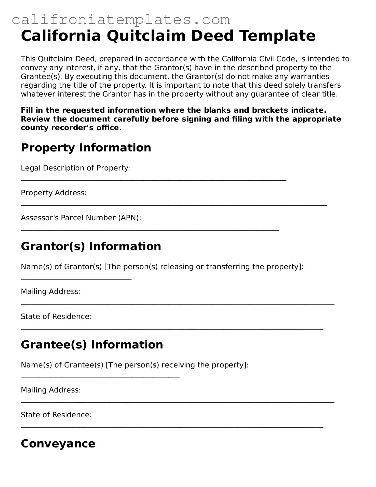 Fillable  Quitclaim Deed Template for California