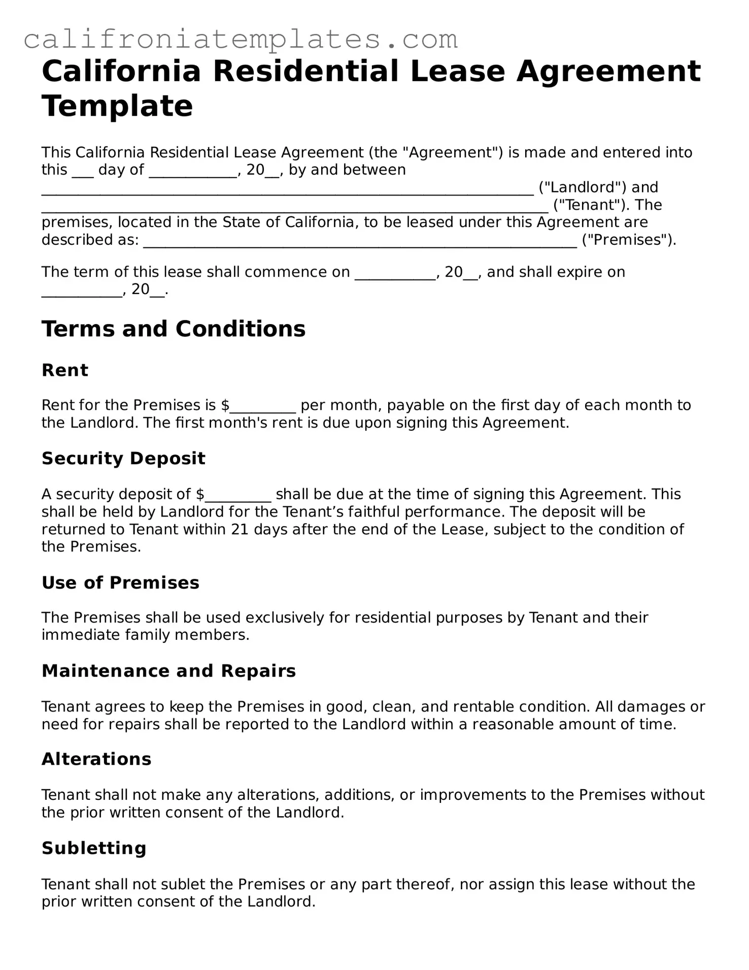 Fillable  Residential Lease Agreement Template for California