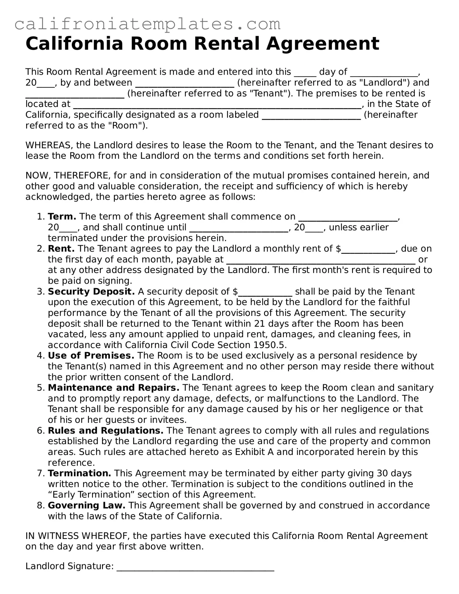 Fillable  Room Rental Agreement Template for California