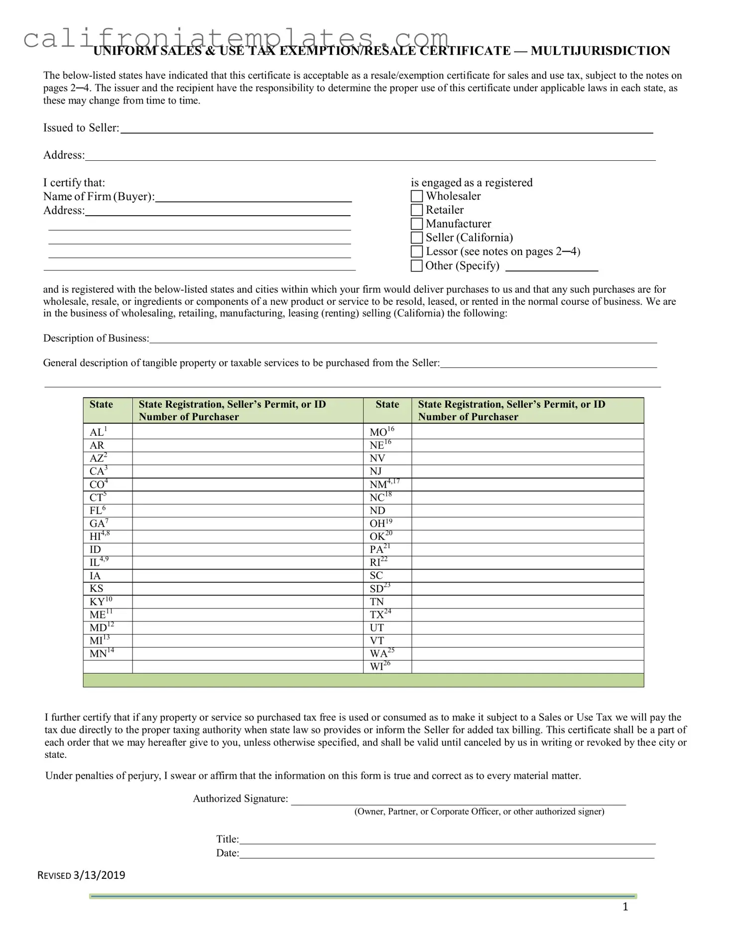 Fill Out a Valid California Sales Tax Certificate Template