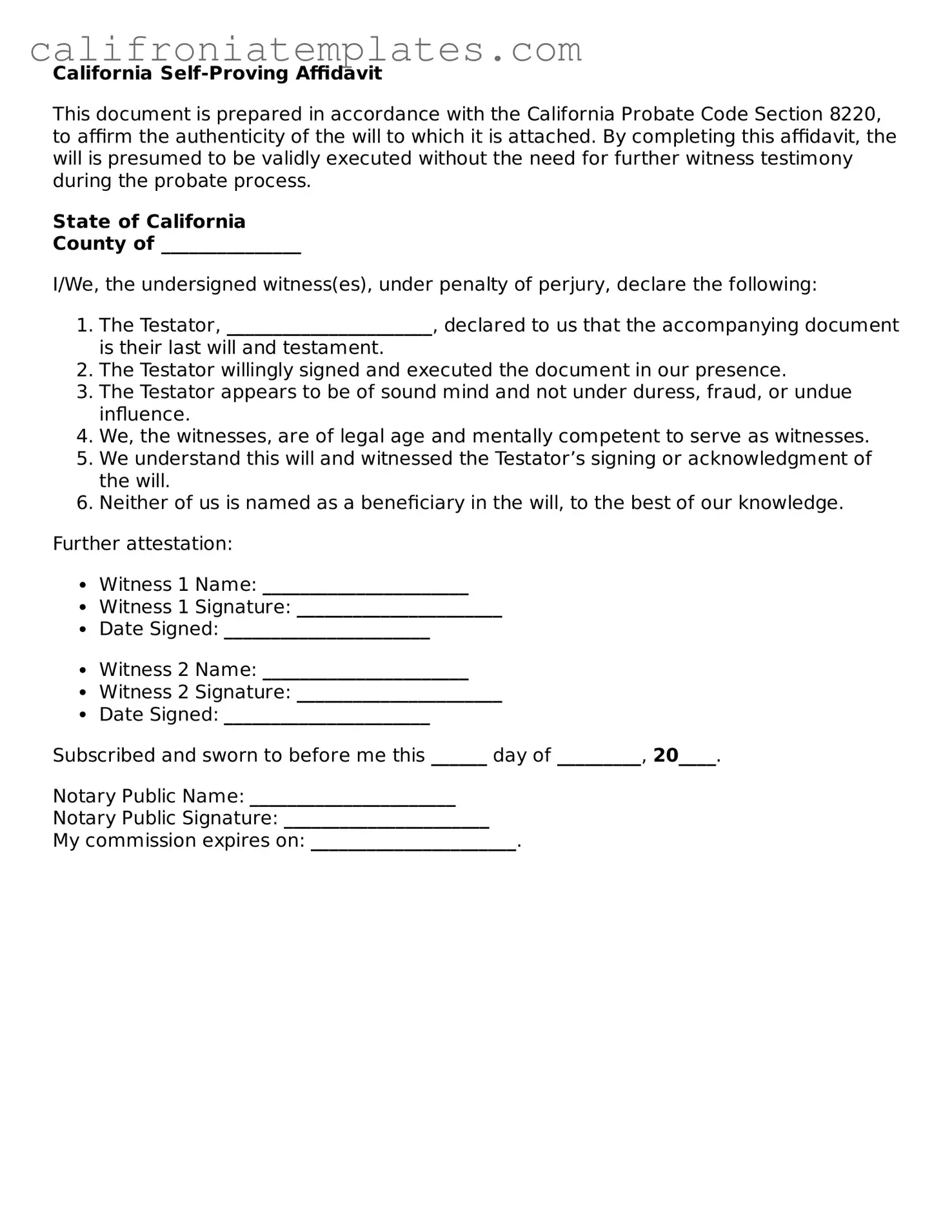 Fillable  Self-Proving Affidavit Template for California