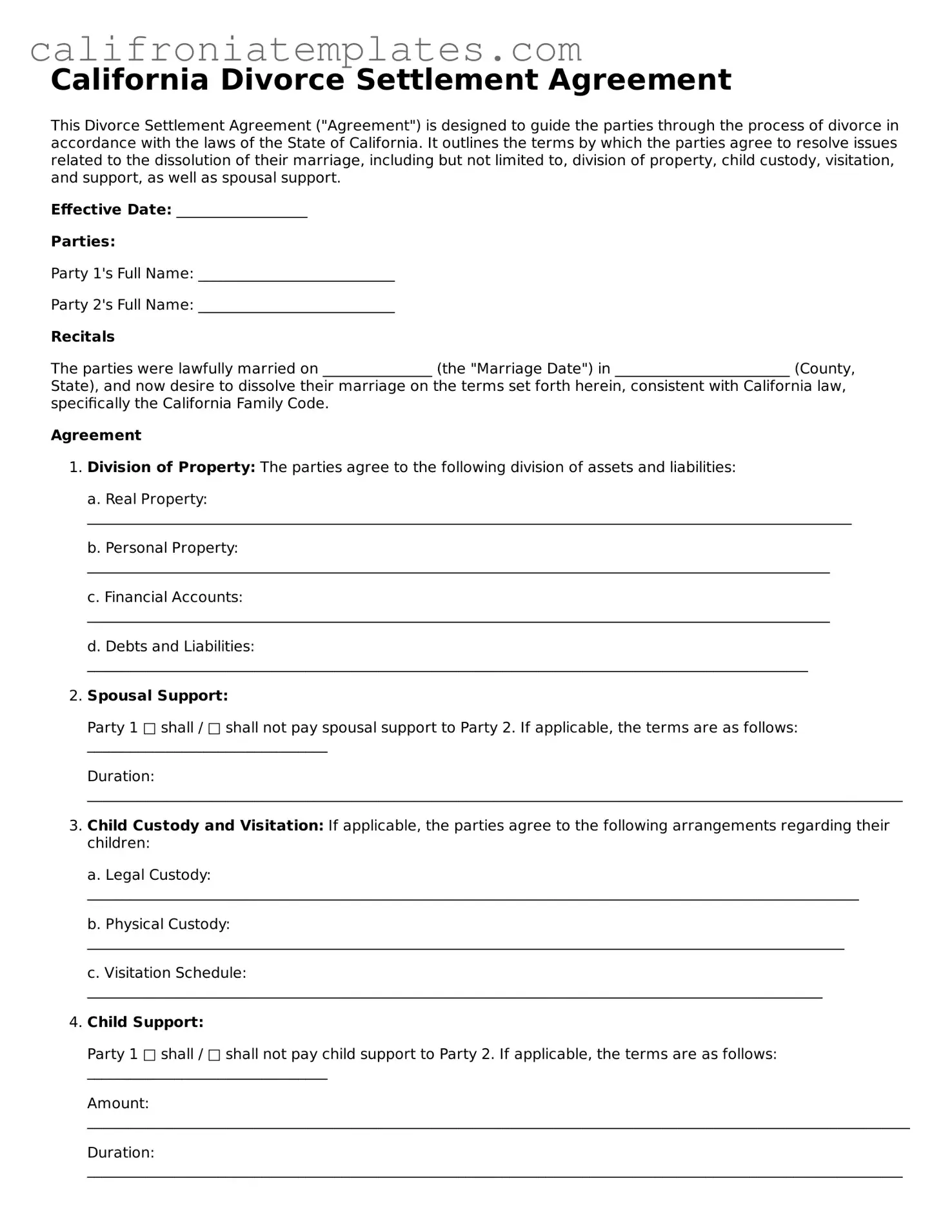 Fillable  Divorce Settlement Agreement Template for California