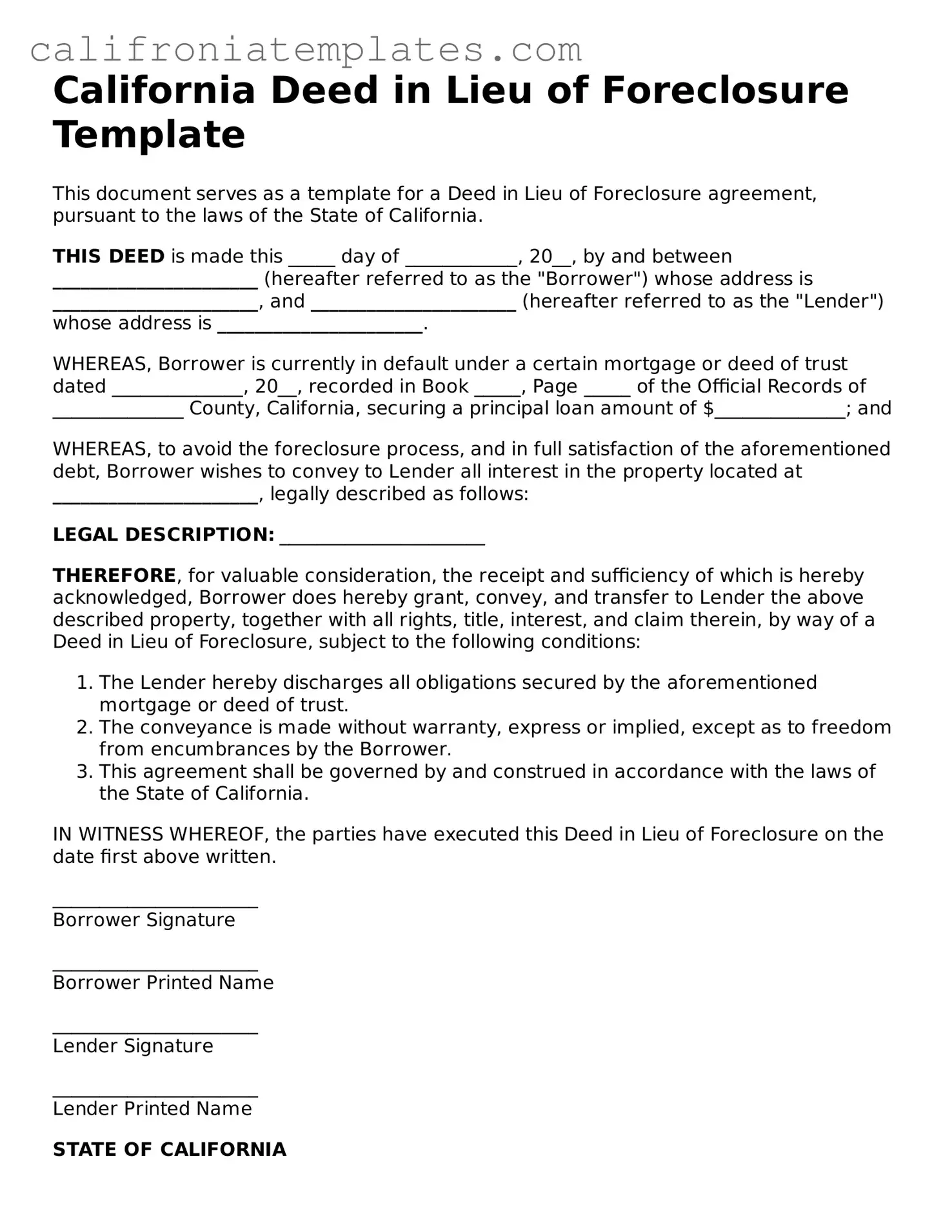 Fillable  Deed in Lieu of Foreclosure Template for California