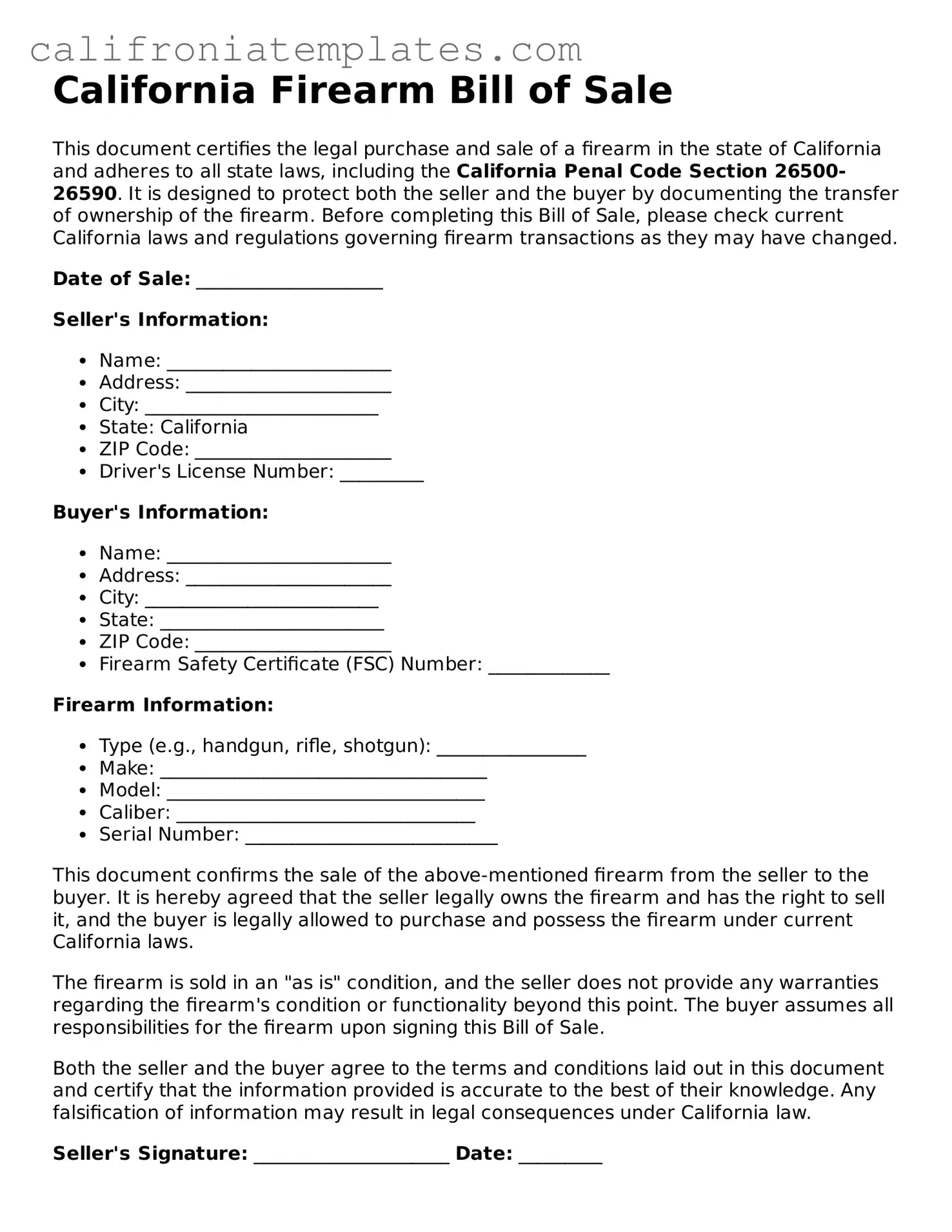 Fillable  Firearm Bill of Sale Template for California