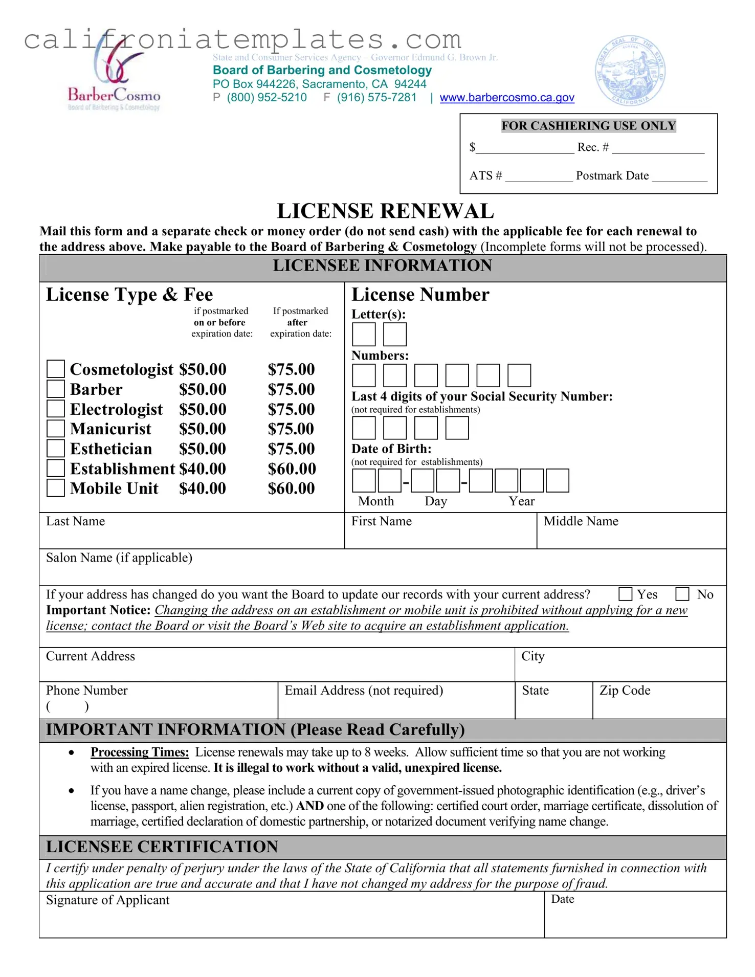 Fill Out a Valid Cosmetology License Renewal California Template