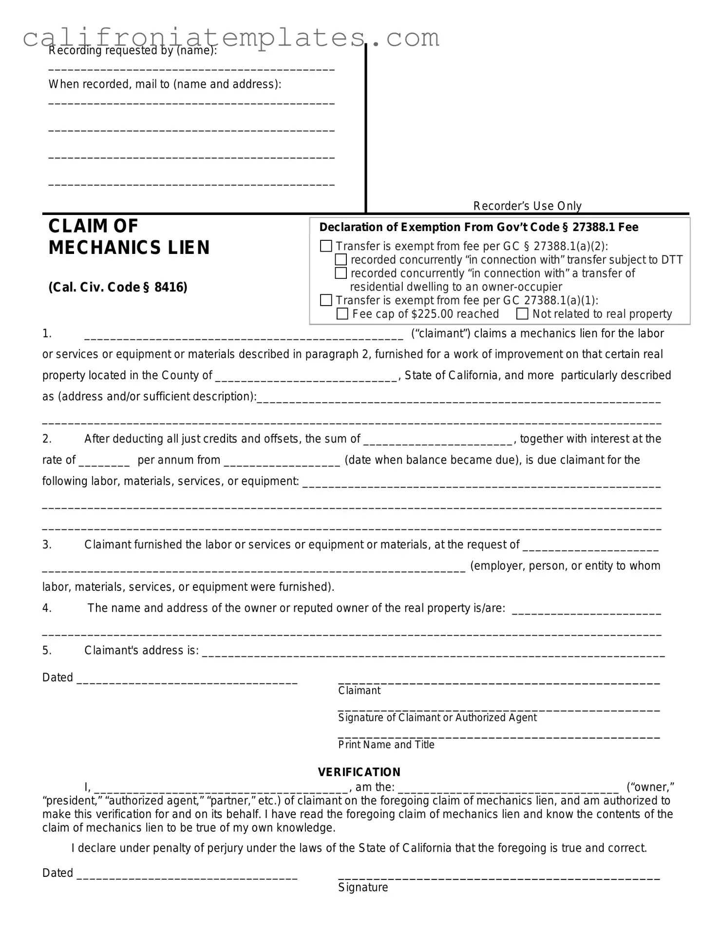 Fill Out a Valid Mechanics Lien California Template