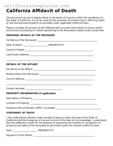 Fillable  Affidavit of Death Template for California