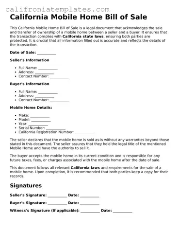 Fillable  Mobile Home Bill of Sale Template for California