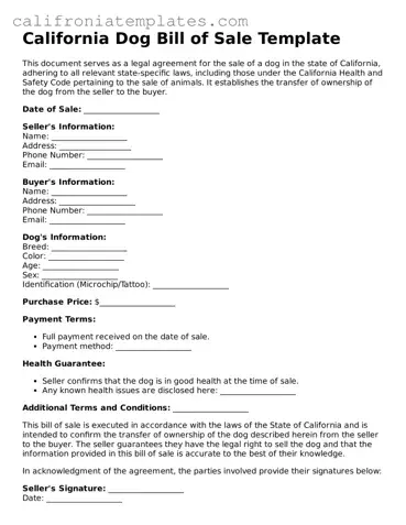 Fillable  Dog Bill of Sale Template for California