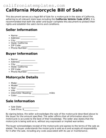 Fillable  Motorcycle Bill of Sale Template for California