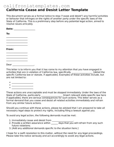 Fillable  Cease and Desist Letter Template for California