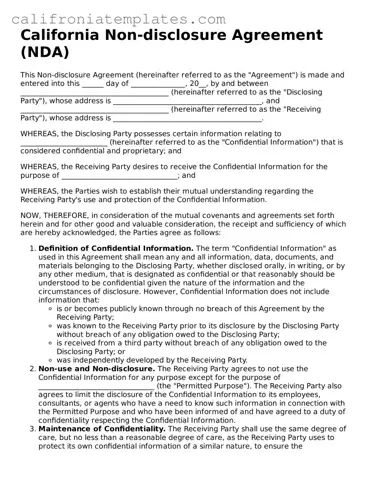 Fillable  Non-disclosure Agreement Template for California