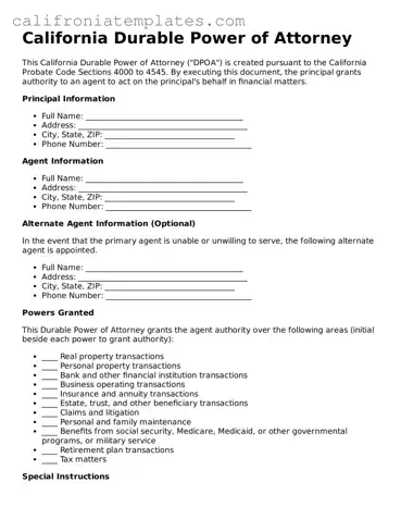 Fillable  Durable Power of Attorney Template for California