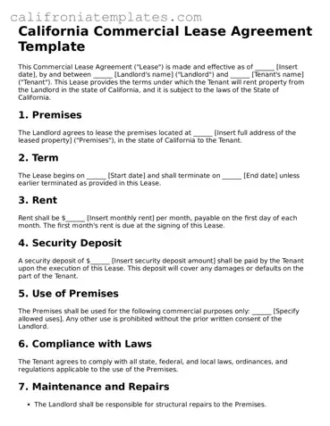 Fillable  Commercial Lease Agreement Template for California