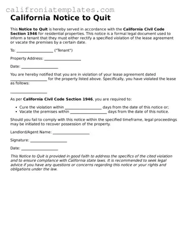 Fillable  Notice to Quit Template for California