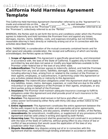 Fillable  Hold Harmless Agreement Template for California