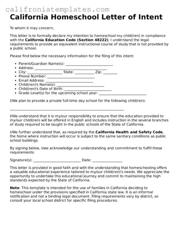 Fillable  Homeschool Letter of Intent Template for California