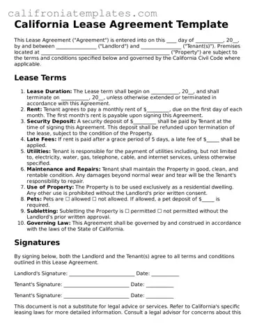 Fillable  Lease Agreement Template for California