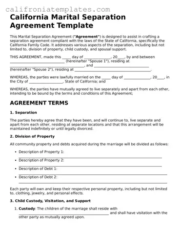 Fillable  Marital Separation Agreement Template for California