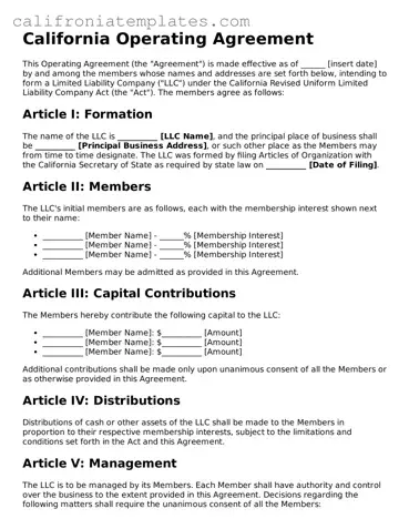 Fillable  Operating Agreement Template for California
