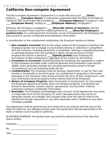 Fillable  Non-compete Agreement Template for California