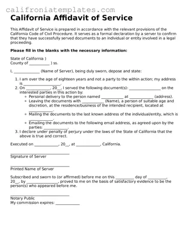 Fillable  Affidavit of Service Template for California
