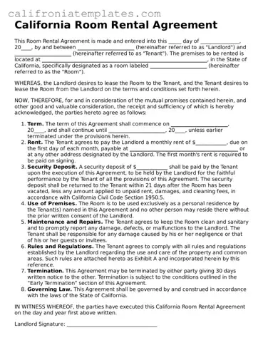Fillable  Room Rental Agreement Template for California
